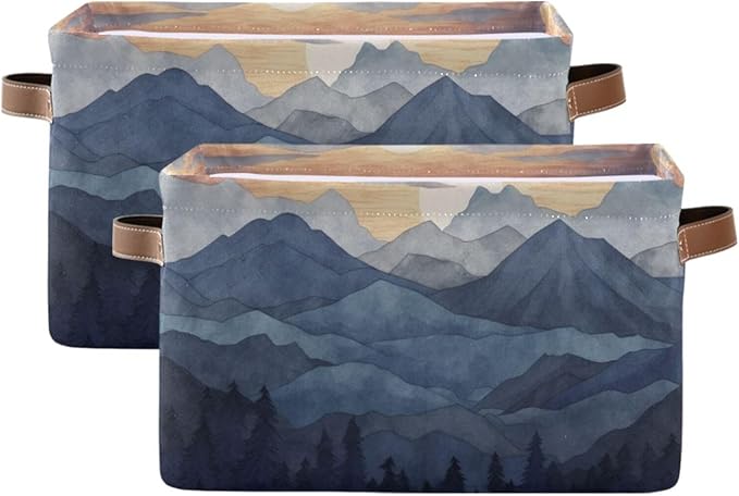 YETTASBIN Nature Mountain Storage Basket 1pc, Large Collapsible Toys Clothes Organizer, Durable Canvas Storage Bin with Handle for Shelves Closet Laundry Home Office Decor