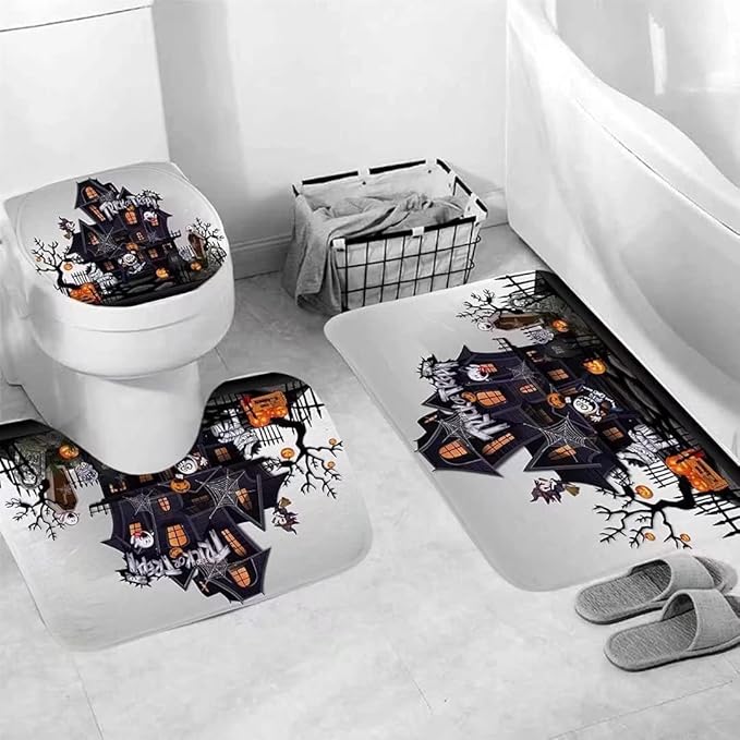Halloween Pumpkin Waterproof Shower Curtain,with Non-Slip Rugs,Toilet Lid Cover and Bath Mat,Bathroom Shower Decor Accessory Set