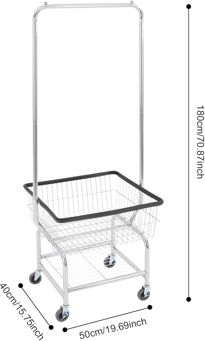 Laundry Cart,Steel Wire Laundry Cart,Laundry Basket With Wheels,Commercial Laundry Basket Cart Heavy Duty with Rod Rack 19.69x15.75x70.87in (C)
