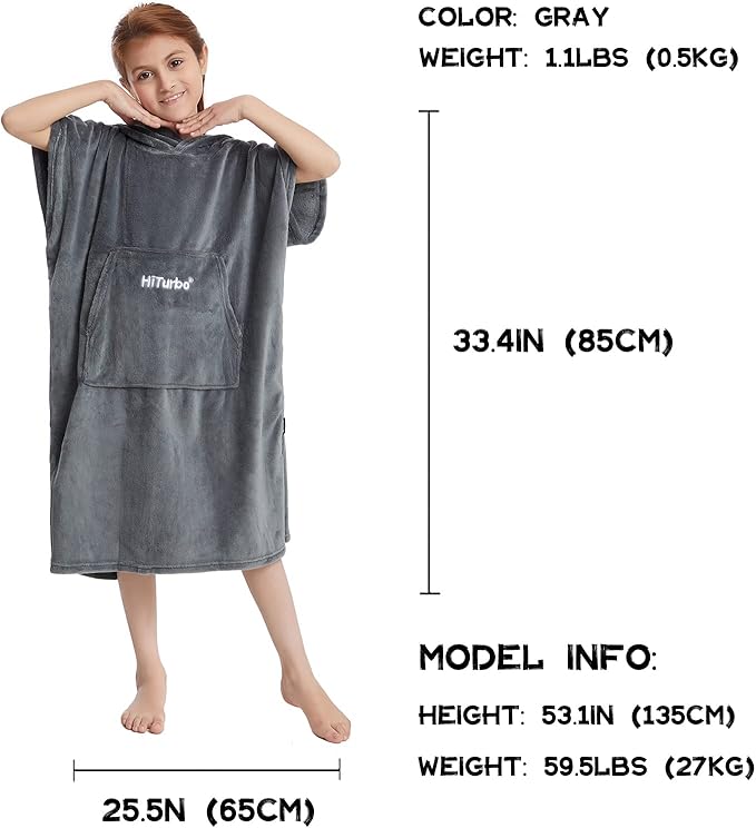 Hiturbo Kids Towel Changing Robe: Soft Plush Bath Towels - Warm Coral Fleece Hoodie - Swim Surf Poncho for 5-12 Years (Gray)