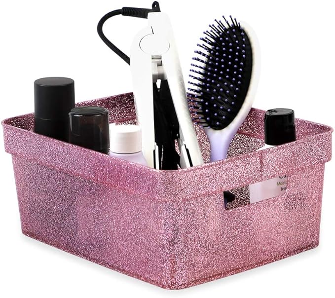Isaac Jacobs Small Glitter Storage Bin (10” x 7.5” x 4.25”) Set w/Cut-Out Handles, Plastic Organizer, Multi-Functional, Home Storage Solution, Kids Playroom, Bedroom, Closet (4, Pink)