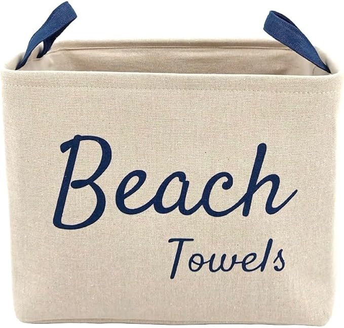 Beach Towel Storage Bin and Organizer. Space saver for family beach towels or other items. Store beach and pool towels in one stylish container tote. Great for beach house or home organization.