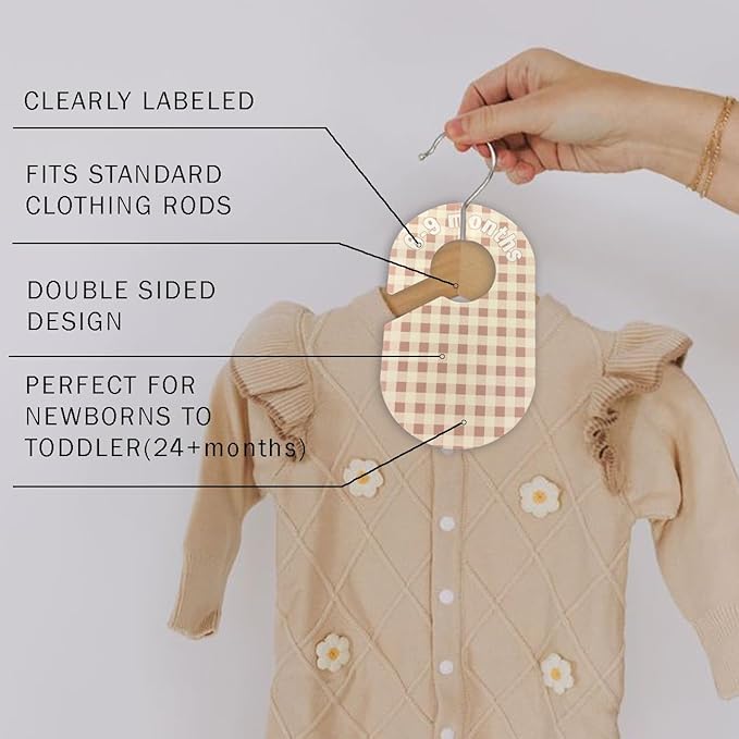 Baby Closet Divider, Baby Wardrobe Organizer, Double-Sided Pastel Gingham Design, Nursery Decor Clothes Hanger Dividers for Sorting 8 Sizes from Newborn to 12+ Months