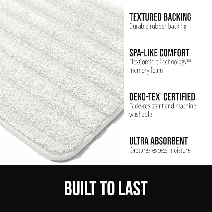 GORILLA GRIP Textured Backing Bathroom Rugs, Soft Memory Foam Absorbent Striped Bath Mats, Machine Washable & Fade Resistant, Bathmat Accessories for Floor, Home Decor Shower Essentials, White 40x24