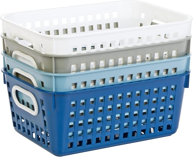 Really Good Stuff Medium Plastic Book Baskets, 11" x 7.5" x 4.5", 4 Pack, Cool & Calm Group Colors, Versatile Storage Solution for Classroom, Home, and Office, Toy Storage, Multi-Purpose
