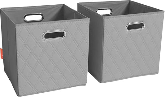 FH Group JIAessentials 12" Faux Leather Foldable Storage Cube Bins Set of 2 – Gray Diamond Patterned Organizers with Handles for Closet & Shelves