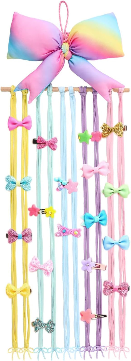 Long Bow Holder for Girls Baby Rainbow Color Bow Hair Bows Clip Organizer 31.5 Inch Baby Hair Accessories Storage Display Hanging Decor for Girls Nursery Room Bedroom Living Room