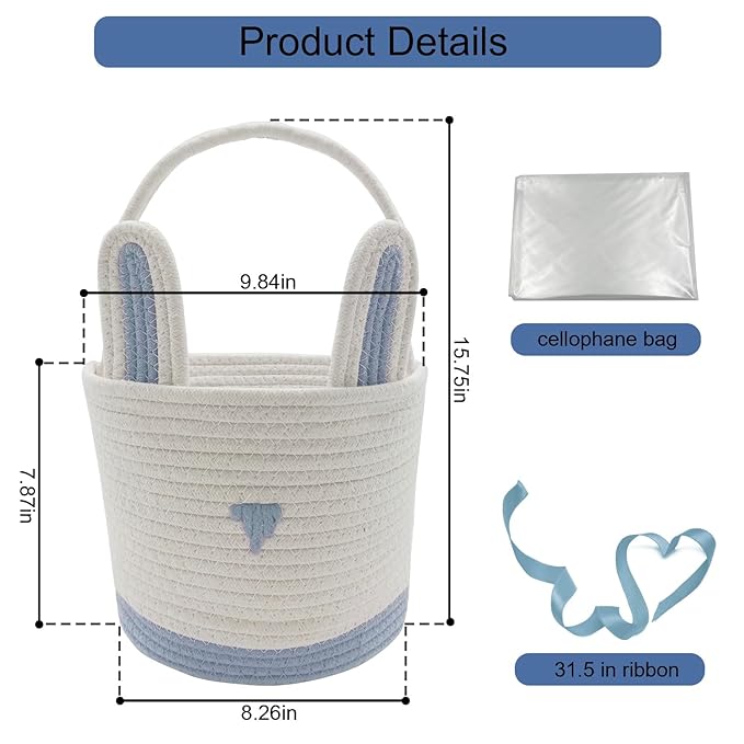 3 Pack Large Woven Easter Baskets for Boys & Kids - Empty Basket with Gift Bags and Ribbons Cute Easter Decorations Bunny Ears Designs Blue