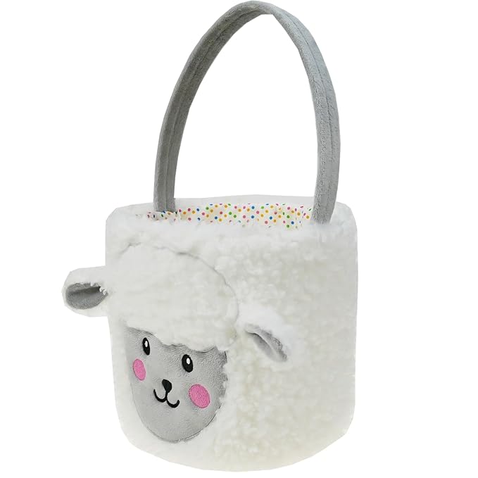 DearSun Exquisite Embroidery ! Personalized Plush White Lamb Basket Easter Egg Hunting Basket with Embroidery Name (Plush White Lamb)