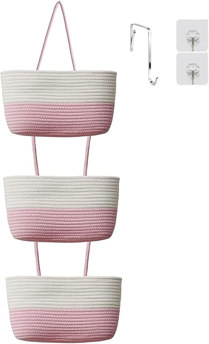 YYaaloa Woven Cotton Hanging Baskets for Organizing Decor 3-Tier Over the Door Wall-Mounted Storage Bag Nursery Baskets for Organizing Living Room, Bathroom and Bedroom (White+Pink)