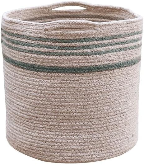 Lorena Canals Basket TWIN for kids' room in Vintage Blue/Natural color. Handmade by artisans in Natural Cotton and Non-Toxic Dyes-Size: 1' x Ø 1'