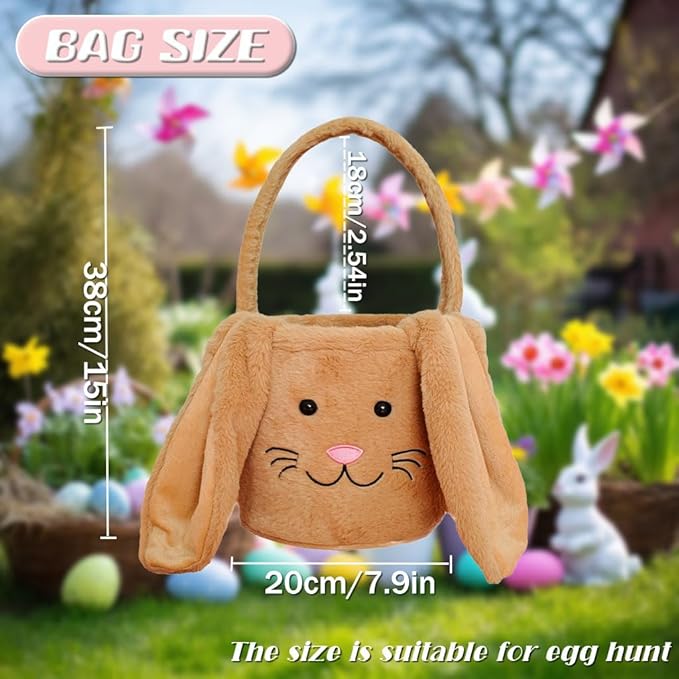 Easter Bunny Basket for Kids, Fluffy Easter Egg Hunt Bag Soft Fabric, Cute Rabbit Tote Bags with Long Plush Ear Easter Tote Bags for Candy Gifts Storage (Brown)