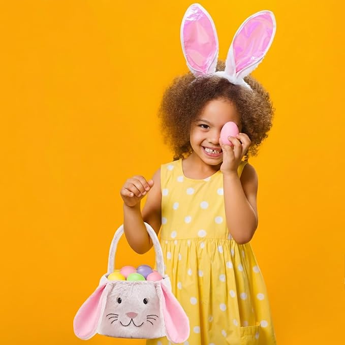 Easter Bunny Basket,Cute Easter Bucket Bags with Rabbit Ears for Easter Eggs Hunting,Easter Decorations,Candy Gifts Storage (Pink/White)