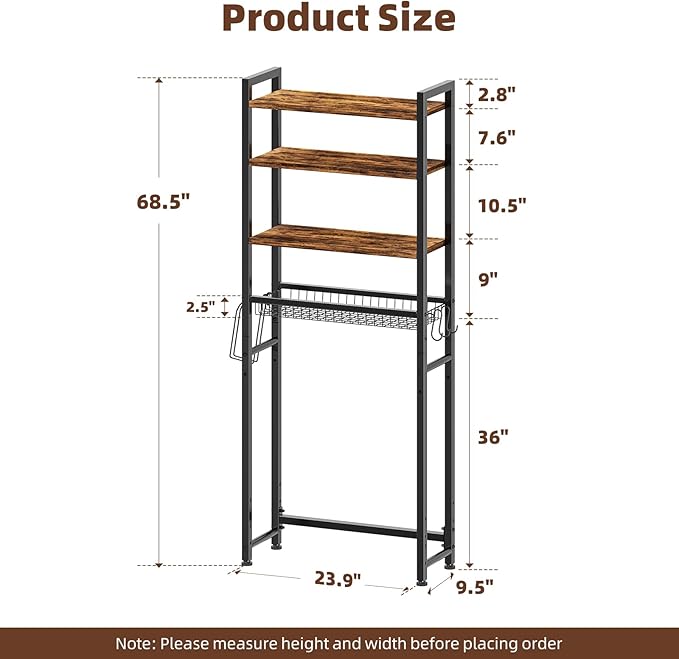 Over The Toilet Storage Rack, 4 Tier Bathroom Shelf Organizer Over Toilet with Adjustable Feet, Basket, Hooks, Paper Holder, Quick Interlock Install & Water-Resistant Shelves (Vintage Brown)