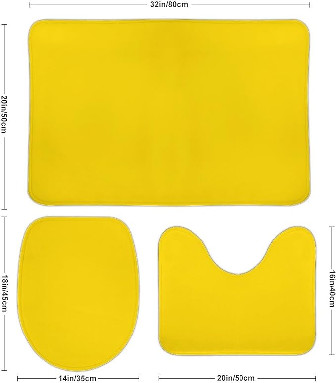 3 Pieces Bath Rug Sets, Sunshine Yellow Color Bathroom Mat Set Non Slip U Shaped Contour Rug & Toilet Lid Cover