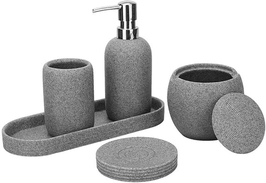 Grey Resin Bathroom Accessory Set, 5 Pcs Bathroom Accessories Set with Lotion Dispenser,Soap Dish,Toothbrush Holder,Vanity Tray,Qtip Holder Dispenser, Modern Bathroom Decor and Housewarming Gift Set