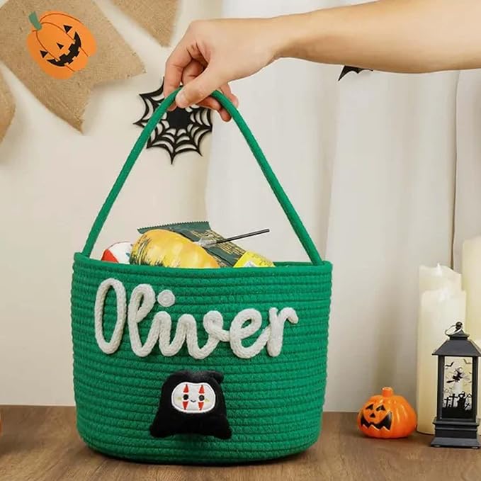 Personalized Halloween Candy Bucket, Custom Baby Name Trick or Treat Baskets Customized Monogrammed Cotton Tote Basket Toys Storage Basket Gifts for Boys Girls Halloween