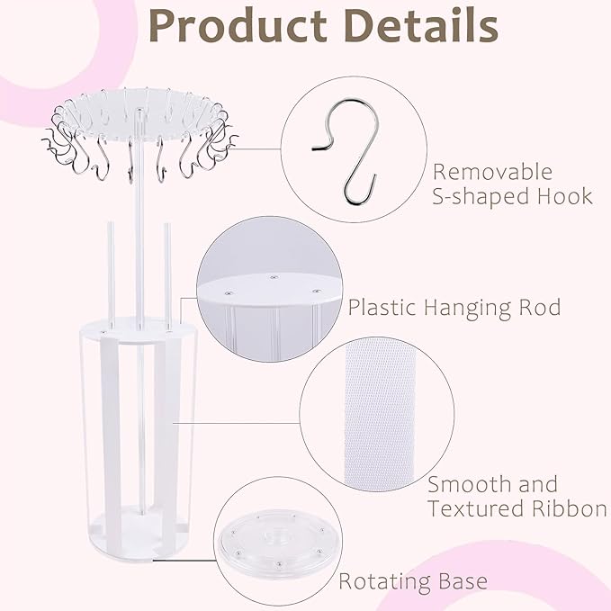 cherrboll Rotating Hair Bows Holder Stand, Headbands Organizer with Hooks, Scrunchies Claw Clips Rack Display, Hair Accessories Storage Nursery Room Decor for Baby Toddler Girls