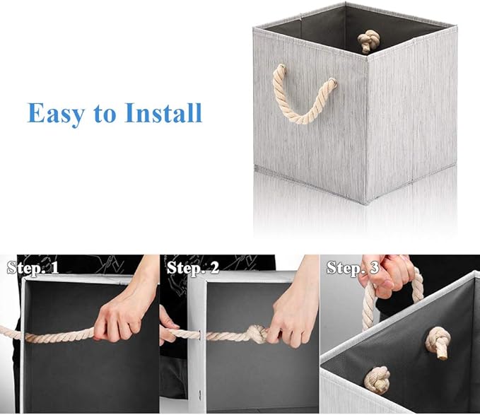 Foldable Bamboo Fabric Storage Bins [set of 4] with Cotton Rope Handles, Collapsible Organizer Boxes Basket - 10.5 x 10.5 x11 inch (Gray)