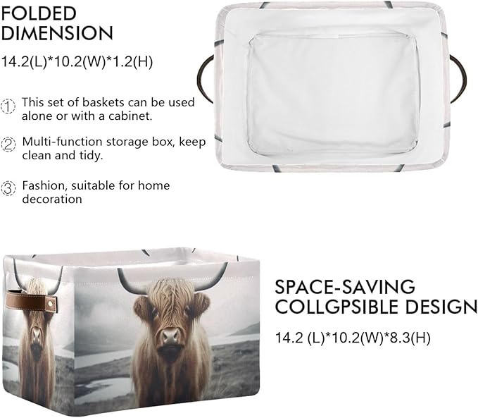 YETTASBIN Highland Cow Storage Basket 1pc, Large Collapsible Toys Clothes Organizer, Durable Canvas Storage Bin with Handle for Shelves Closet Laundry Home Office Decor