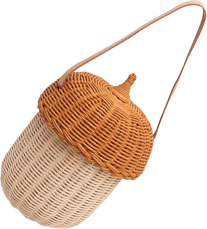 Kids Rattan Storage Basket, Multifunctional Acorn Shaped Waterproof Rattan Basket Bag Decorative for Outdoor for Girls (Large Handbag)