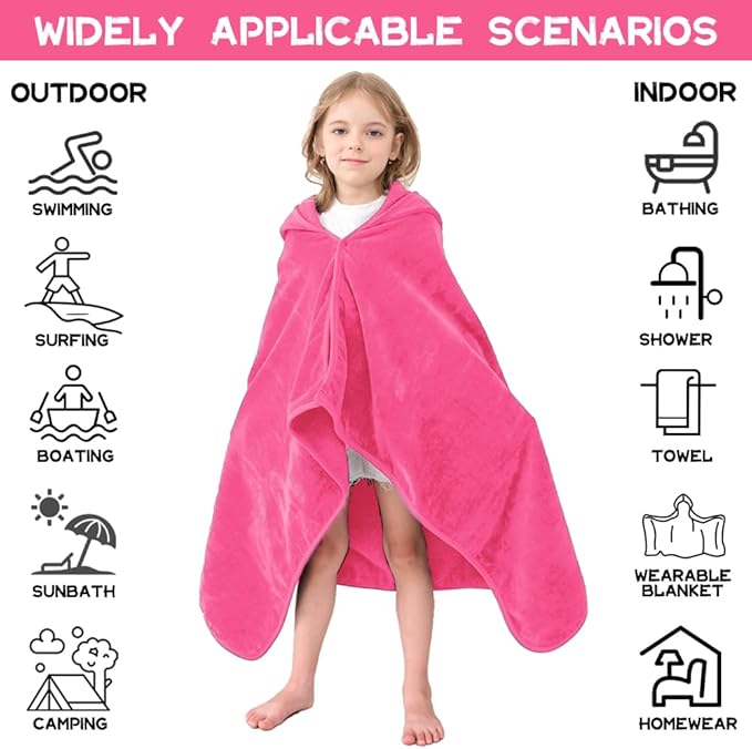 Hiturbo Kids Hooded Bath Towel: 100% Cotton Soft Thick Absorbent Towels Wrap - 50"x30" Shower Beach Pool Wearable Blanket for 3-12 Yrs Boys Girls - Pink
