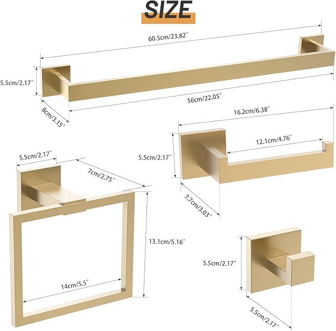 23.6Inch Brushed Gold Towel Bar Set, 10 Pieces Bathroom Accessories Set, SUS304 Stainless Steel Towel Racks Toilet Paper Holder Set for Bathroom Wall Mounted
