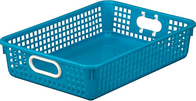 Really Good Stuff Multi-Purpose Small Desktop Paper Storage Baskets, 14" x 10" x 3.25", Set of 4, Neon Group Colors, Classroom Organization, Stackable Mesh Plastic Baskets with Grip Handles