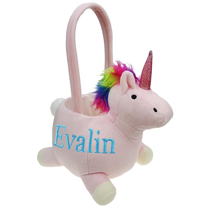 DearSun Personalized Easter Egg Hunting Basket 3D Pink Unicorn Basket Candy Gift Bucket with Embroidery Name (Pink Unicorn with Customization)