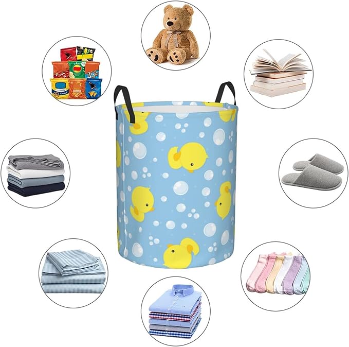 38L Round Laundry Hamper Cute Rubber Ducks Storage Basket Waterproof Coating Organizer Bin For Nursery Clothes Toys