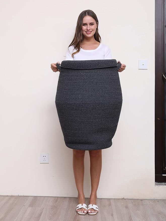 26" x 20" Handcrafted Tall Cotton Rope Basket with Lid, Stylish Flagon Shape with Cover, Clothes Hamper with Top, for Bedroom and Living Room, All Grey Black Mix