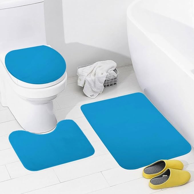 3 Pieces Bath Rug Sets, Sky Blue Trend Color Bathroom Mat Set Non Slip U Shaped Contour Rug & Toilet Lid Cover