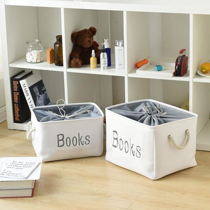 INough Book Basket for Kids Room, Book Storage Basket Book Organizer for Nursery Room Classroom Library Book Storage Box Collapsible Book Bins with Drawstring Closure for Cartoon Book Reading