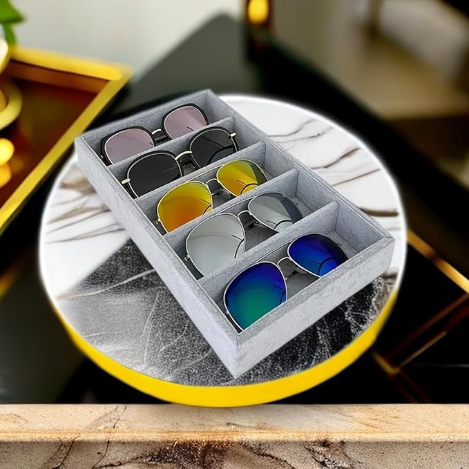 5-Slot Luxurious Gray Velvet Premium Grade Drawer Divider Eyewear Storage Sunglasses Jewelry Tray Organizer