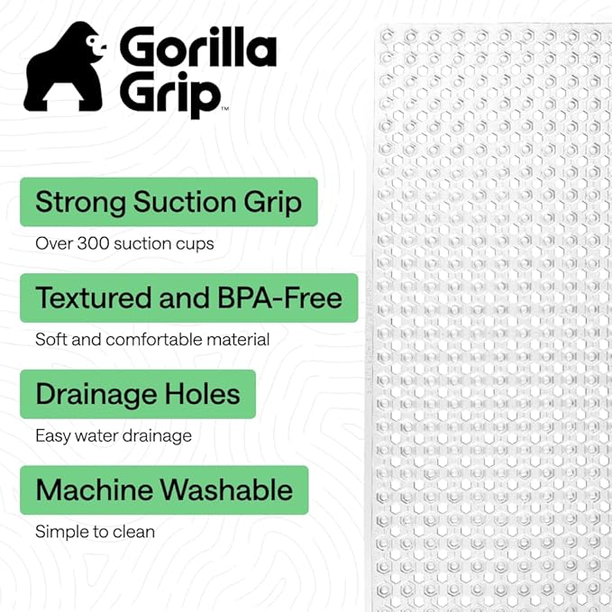 GORILLA GRIP Patented Bath Tub Shower Mat, Machine Washable Bathtub Floor Liner Mats, Suction Cups and Drain Holes to Keep Tubs Clean, Soft on Feet, Bathroom Essentials, 35x16 Inch, Clear