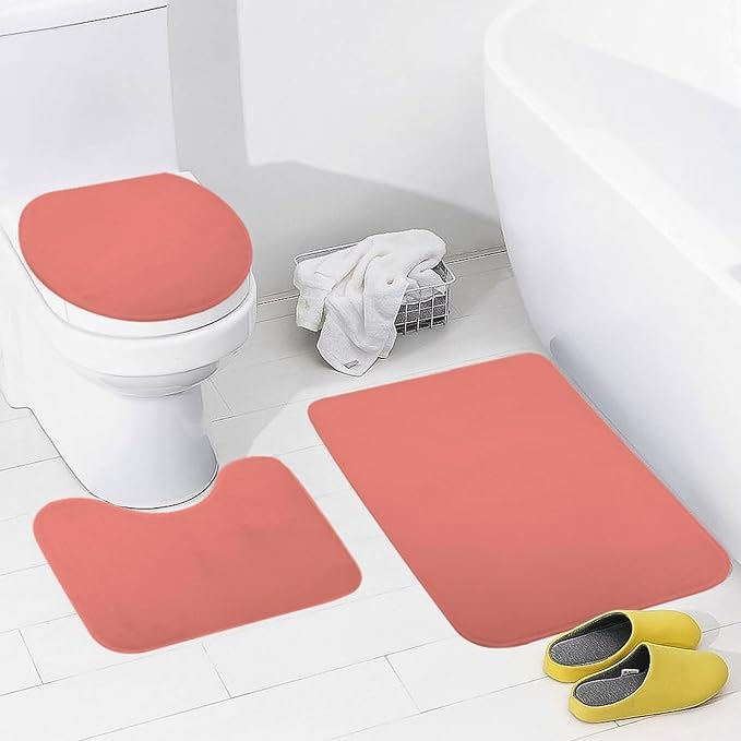 3 Pieces Bath Rug Sets, Solid Coral Pink Bathroom Mat Set Non Slip U Shaped Contour Rug & Toilet Lid Cover