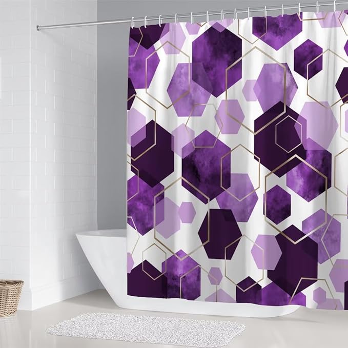 4Pcs Pinkish Purple Shower Curtain Set Marble Grain Geometric Bathroom Set Abstract Bathroom Curtain Set with 12 Hooks Carpet Bath Mat and Toilet Rugs