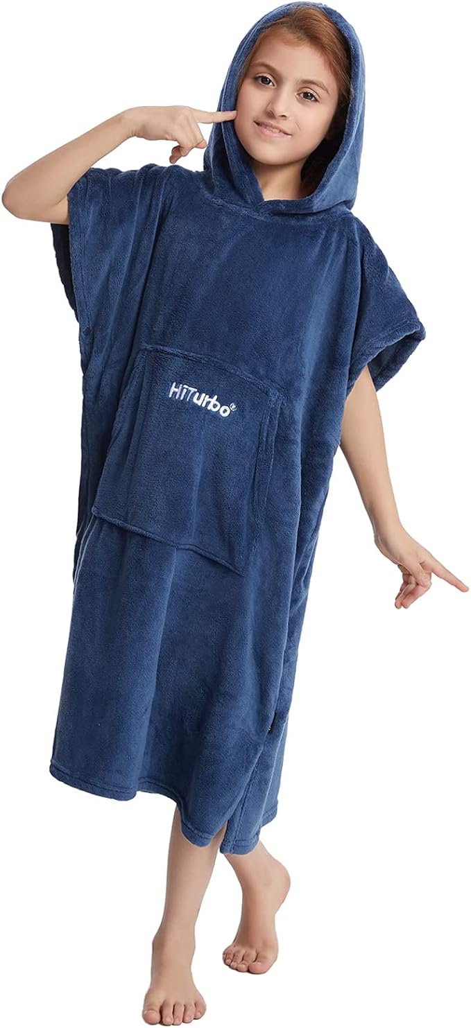 Hiturbo Kids Towel Changing Robe: Soft Plush Bath Towels - Warm Coral Fleece Hoodie - Swim Surf Poncho for 5-12 Years (Navy)