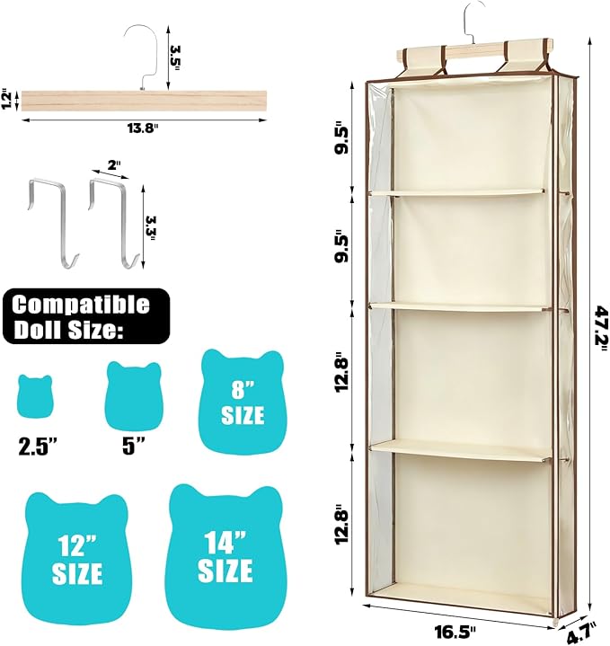Stuffed Plush Holder for Squishmallow Storage | 2 in 1 Over the Door & Rack Hanging Organizer | with Extra Space-saving Pockets | Clear Solution for Organize Display