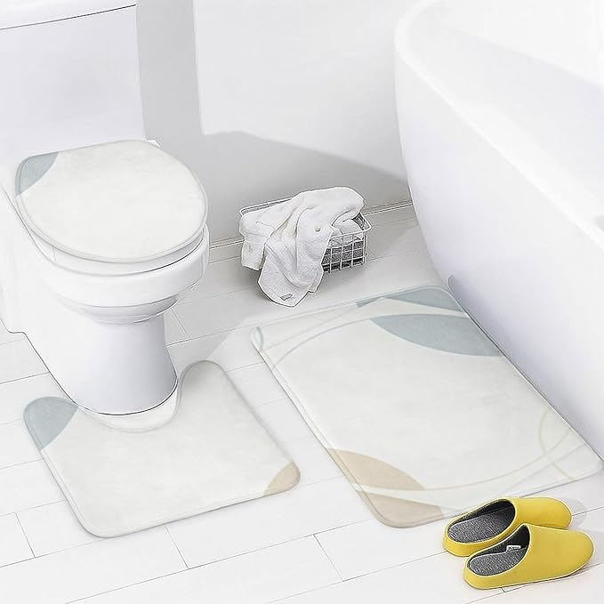 4 Piece Bathroom Rug Set with Shower Curtain, Non-Slip Bath Mat Toilet Cover Set, Geometric Grids Bathroom Rug Sets
