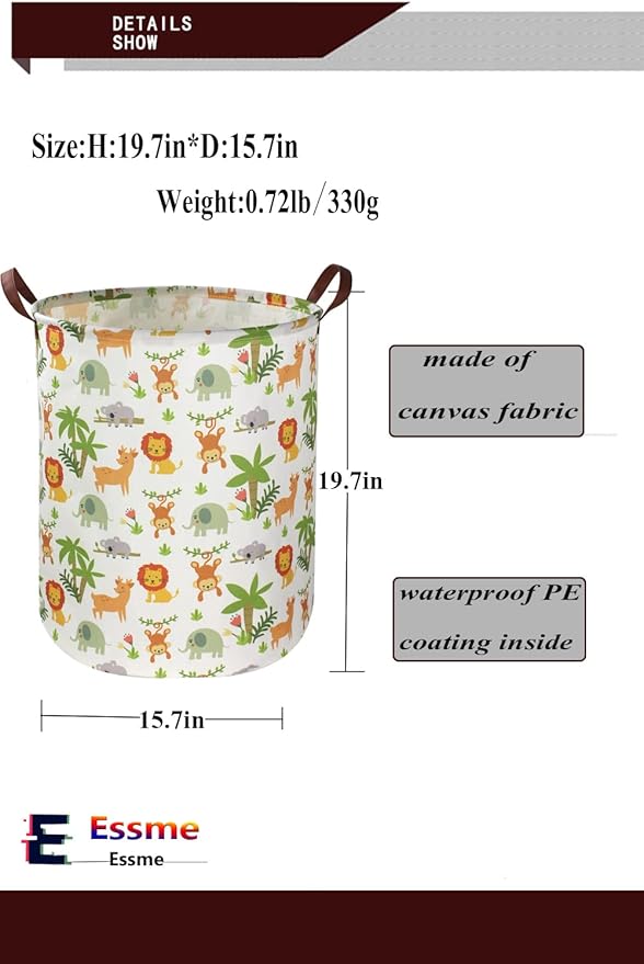 Essme Kids Laundry Hamper,Jungle Laundry Basket Collapsible Greeen Hamper for Kids Room Decor, Animal Hamper,Woodland Storage Basket, Nursery Hamper,Gift Baskets.(Jungle animal)