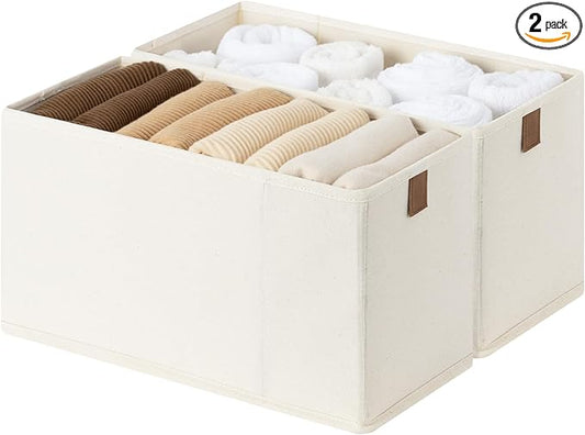 StorageWorks Thin Narrow Baskets for Storage, Small Storage Bins, Fabric Storage Bins with PU Handle, Ideal for Slim Shelves, Clothes, and Toys, Beige, 2-Pack