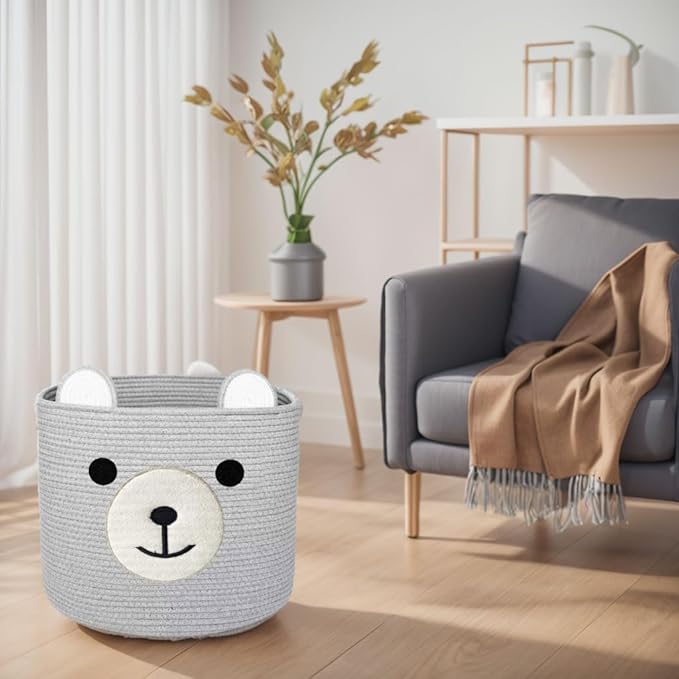 Bear Laundry Baskets Laundry Hamper Storage Baskets with Handles,Decorative Basket for Living room,Woven Storage Basket for Toys Bin Pillows Blankets Clothes (Grey - Version 2)