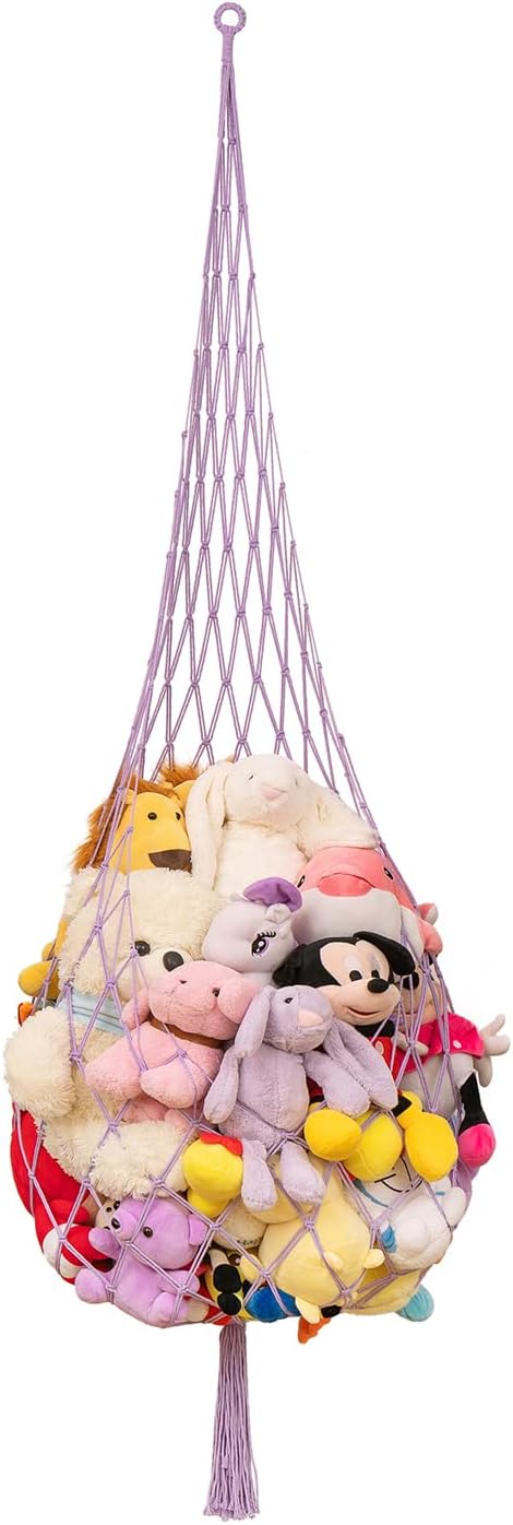 Novel Stuffed animal Net or Hammock Macrame Plush Toy Display- One Hook Only! Convenient for Corners, Walls and Ceiling Hanging Net, stuff animal storage for kid room Bedroom Playroom-Purple