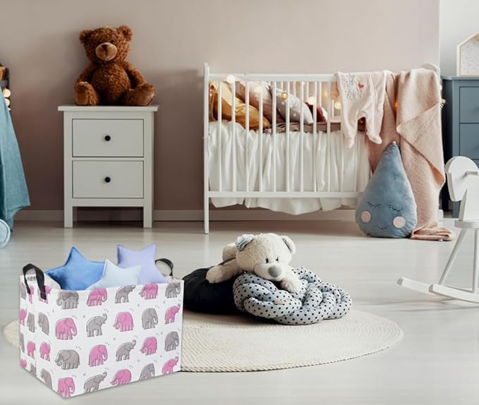 Elephant Baby Storage Bin Pink Elephant Decor for Girls Room Toy Shelf Gift Basket (Rectangular Shape, Handles for Easy Carry)