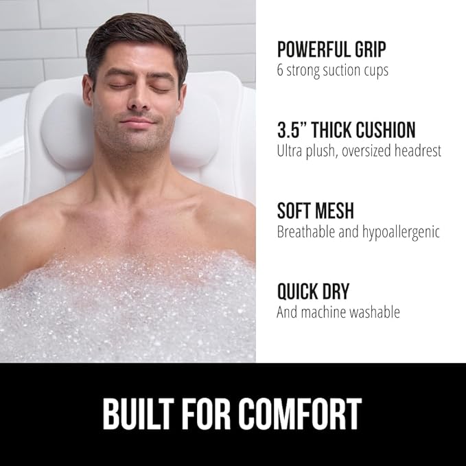 GORILLA GRIP Bath Pillow for Tub, Strong Suction Cups, Headrest with Mesh FlexComfort Technology, Neck, Head and Back Support, Luxury Machine Wash Bathtub Pillows, Spa Essential Accessories, White