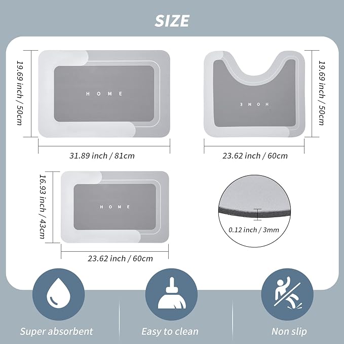 Housego 3PCS Absorbent Bath Mat Magic Rug Sets, Quick Drying Bath Mat Non-Slip Floor Rug Rubber Backed for Bathroom Kitchen Shower Sink (16.9''x23.6''+19.7''x23.6''+19.7''x31.9'', Light Gray)
