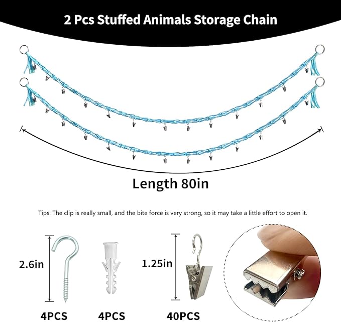2 Pcs 80” Cotton Hanging Storage Chains for Stuffed Animal Storage, Each Boho Display Chain Comes with 20 Metal Clips, Nursery Hanging Storage Organizer for Wall or Corner Nursery playroom