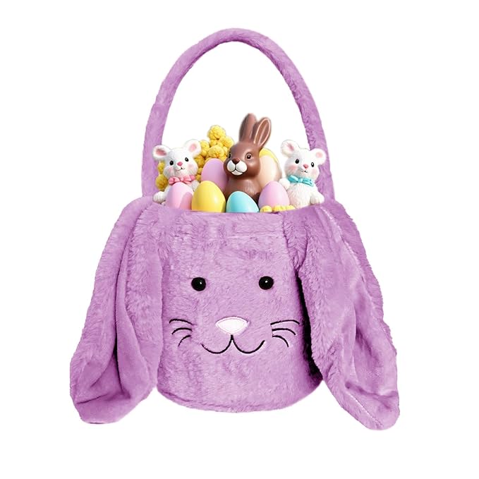 Easter Bunny Basket for Kids, Fluffy Easter Egg Hunt Bag Soft Fabric, Cute Rabbit Tote Bags with Long Plush Ear Easter Tote Bags for Candy Gifts Storage (Purple)