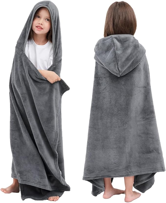 Hiturbo Kids Hooded Bath Towel: Soft Plush Pool Beach Fleece Towel Blanket - 50"x30" Toddler Towels Wrap for Boys Girls 3-12 Years (Gray)